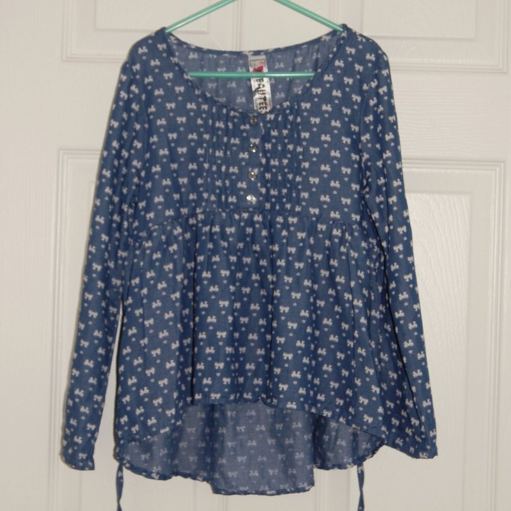 NWOT Beautees Girls Size L, Tunic Dress, Blue with White Bowties & Hear…